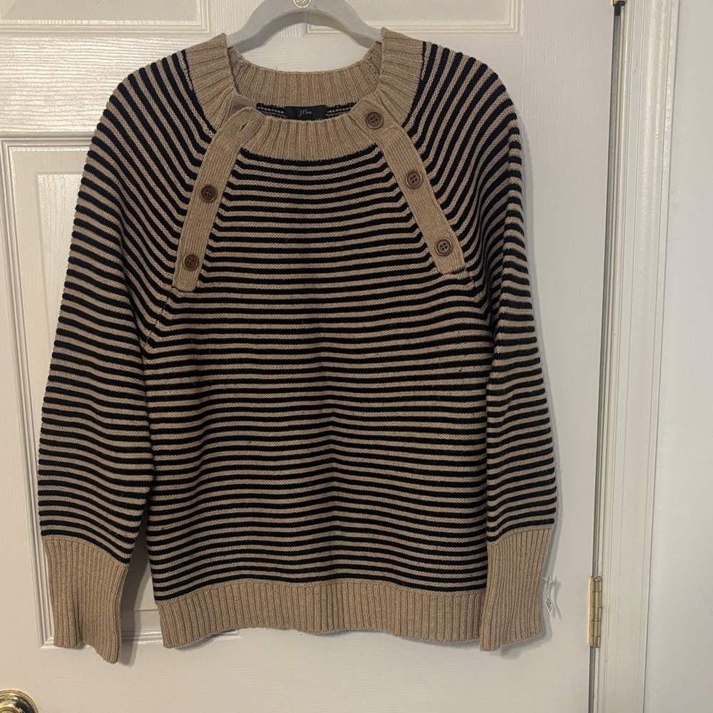 EUC J. Crew Striped Navy and Tan Sweater with Button Accents